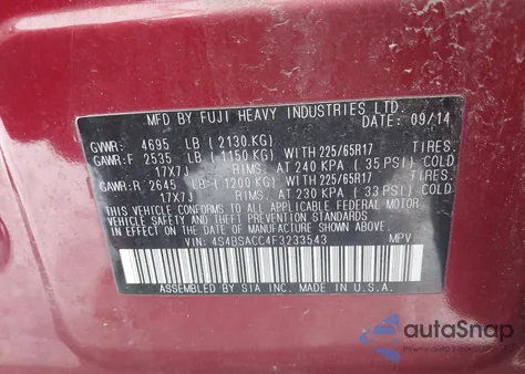 2015 Subaru Outback 2.5I Premium z USA, uszkodzony, nr VIN 4S4BSACC4F3233543